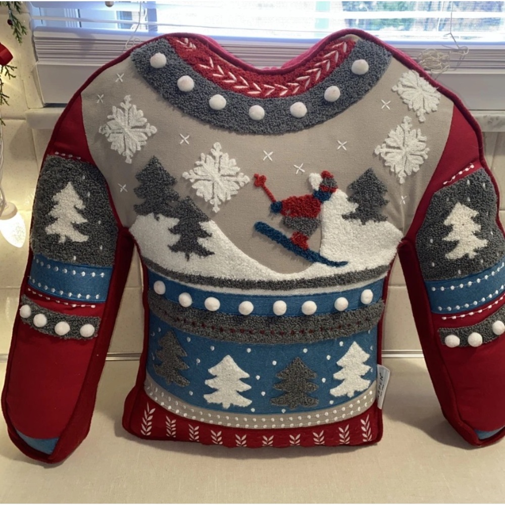 Aspen Ugly Christmas Sweater Shaped Throw Accent Pillow Ski Skiing Winter Theme‎